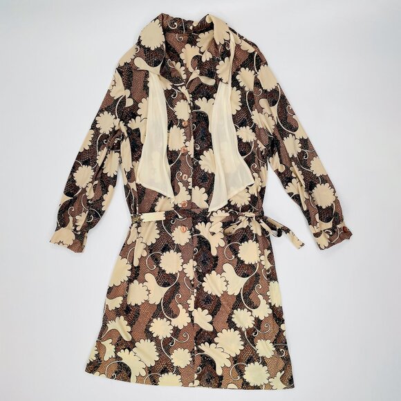 Vintage 70s Brown Printed Belted Dress | Size M-XL - Picture 3 of 11